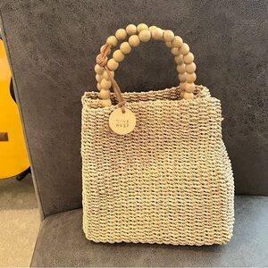 Nine West Natural Straw Raffia Bag with Wooden Handles